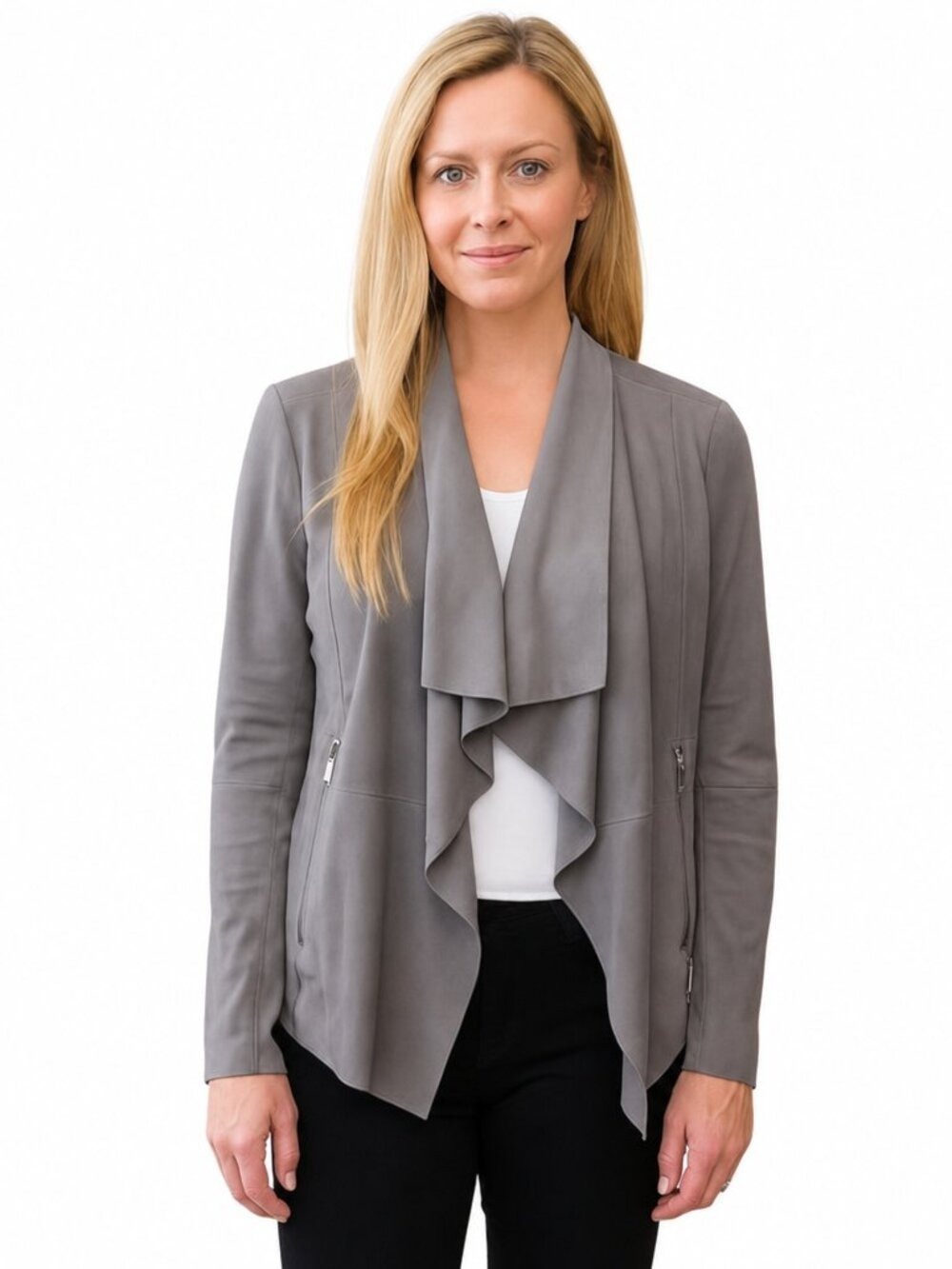 EUC Bagatelle Faux Suede Drape Jacket/Soft Gray Waterfall Front | Silver Zip